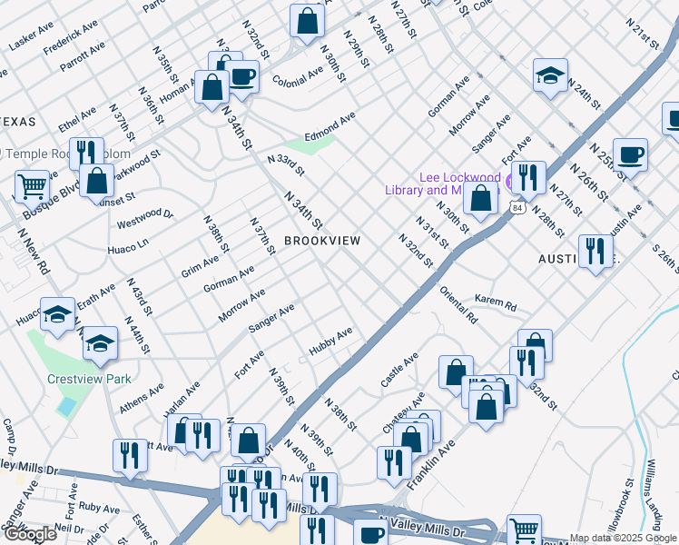 map of restaurants, bars, coffee shops, grocery stores, and more near 711 North 35th Street in Waco