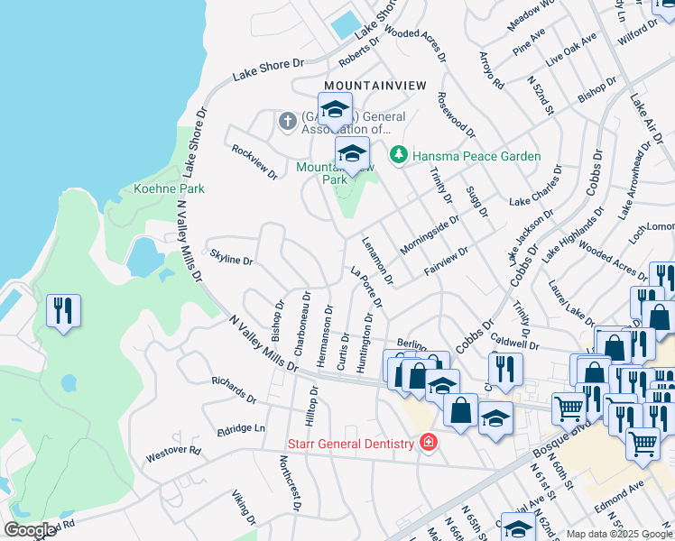map of restaurants, bars, coffee shops, grocery stores, and more near 6207 Bishop Drive in Waco