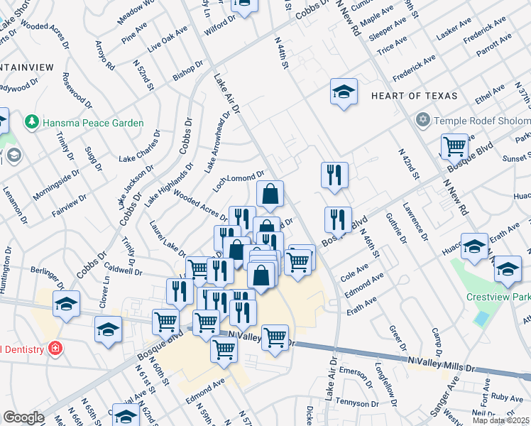 map of restaurants, bars, coffee shops, grocery stores, and more near 5015 Lakeland Circle in Waco