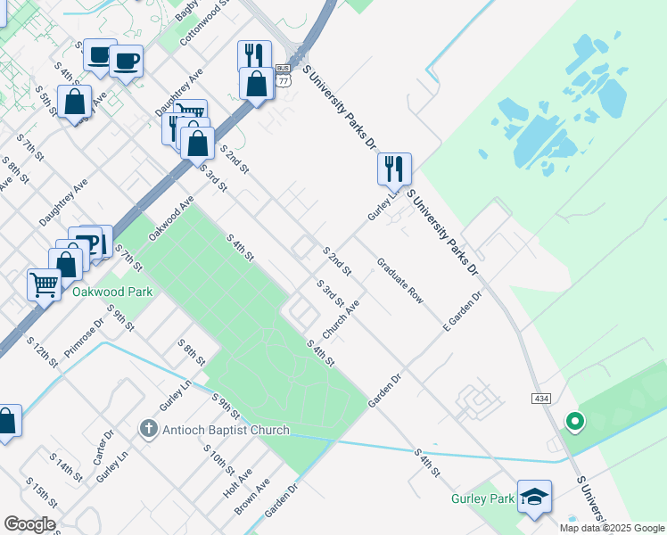 map of restaurants, bars, coffee shops, grocery stores, and more near 218 Gurley Lane in Waco