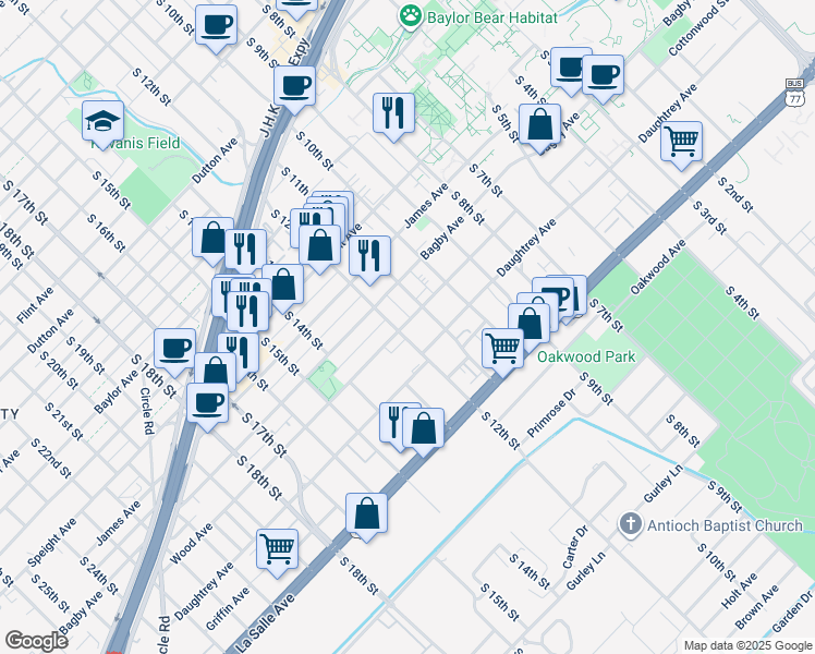 map of restaurants, bars, coffee shops, grocery stores, and more near 1825 South 12th Street in Waco