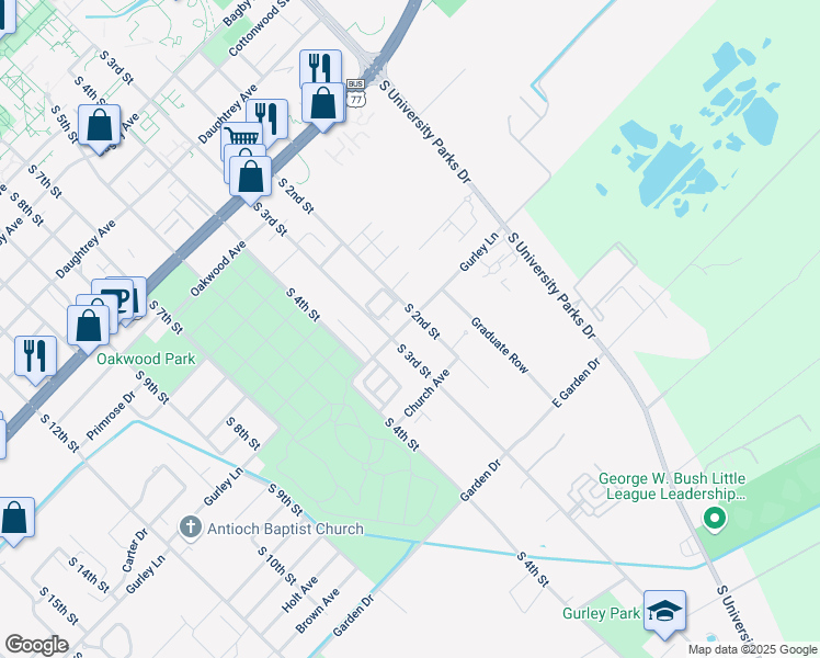 map of restaurants, bars, coffee shops, grocery stores, and more near 218 Gurley Lane in Waco