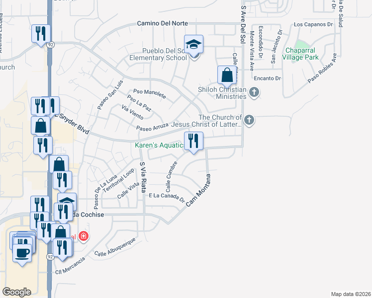 map of restaurants, bars, coffee shops, grocery stores, and more near 4955 Loma Loop in Sierra Vista