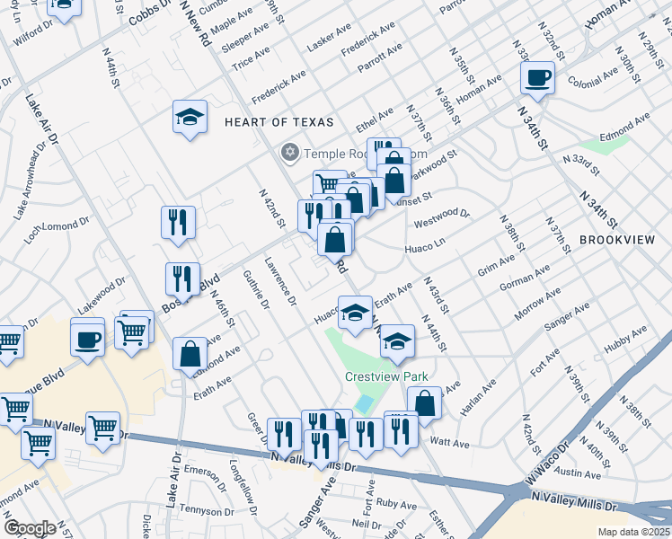map of restaurants, bars, coffee shops, grocery stores, and more near 1304 North New Road in Waco