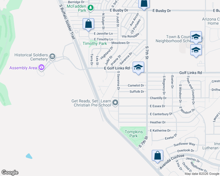 map of restaurants, bars, coffee shops, grocery stores, and more near 1573 Braddock Drive in Sierra Vista