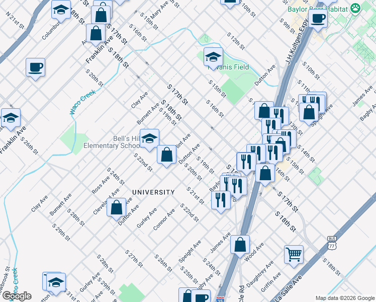 map of restaurants, bars, coffee shops, grocery stores, and more near 1900 Dutton Avenue in Waco