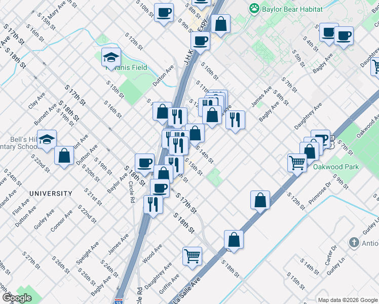map of restaurants, bars, coffee shops, grocery stores, and more near 1400 Speight Avenue in Waco