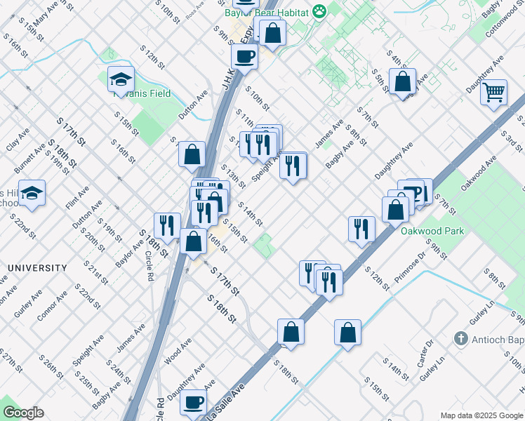 map of restaurants, bars, coffee shops, grocery stores, and more near 1314 James Ave in Waco