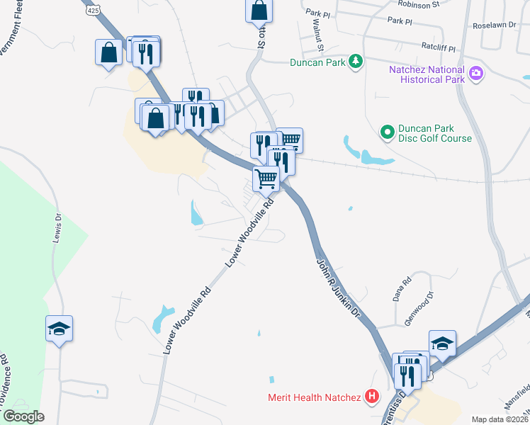 map of restaurants, bars, coffee shops, grocery stores, and more near 119-125 Lower Woodville Road in Natchez