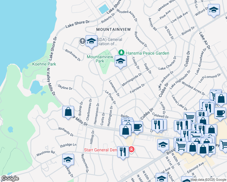map of restaurants, bars, coffee shops, grocery stores, and more near 2100 Lenamon Street in Waco