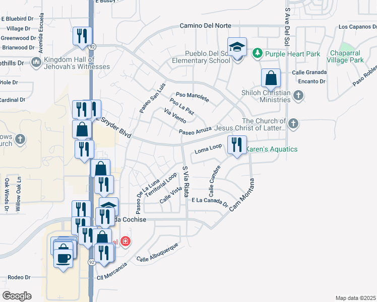 map of restaurants, bars, coffee shops, grocery stores, and more near 4882 Loma Loop in Sierra Vista