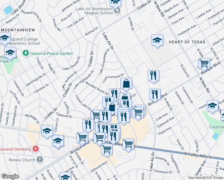 map of restaurants, bars, coffee shops, grocery stores, and more near 5107 Lakemoor Drive in Waco