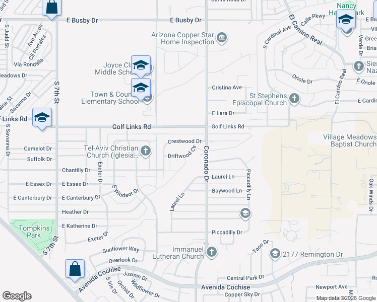 map of restaurants, bars, coffee shops, grocery stores, and more near 33 Driftwood Circle in Sierra Vista