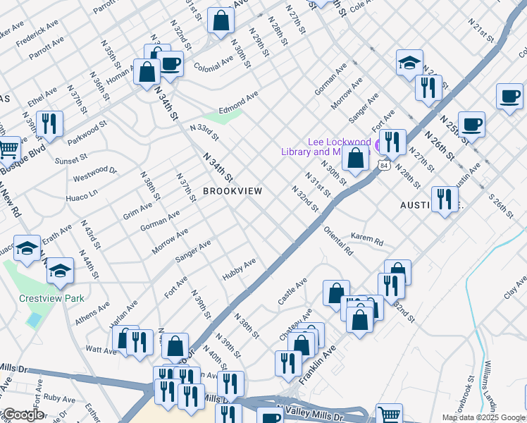 map of restaurants, bars, coffee shops, grocery stores, and more near 3400 Sanger Avenue in Waco