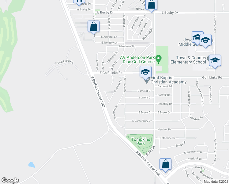 map of restaurants, bars, coffee shops, grocery stores, and more near Braddock Drive in Sierra Vista