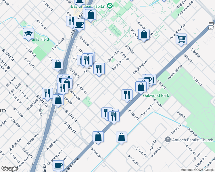 map of restaurants, bars, coffee shops, grocery stores, and more near 1824 South 12th Street in Waco