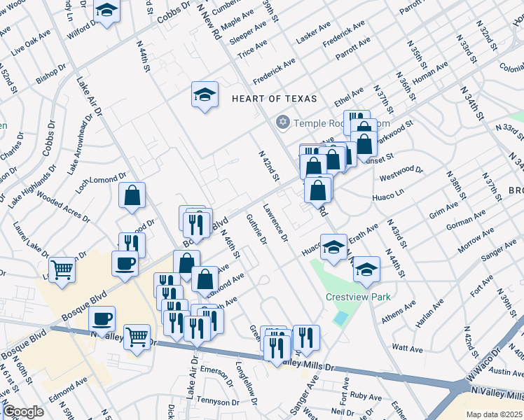 map of restaurants, bars, coffee shops, grocery stores, and more near 1400 Lawrence Drive in Waco