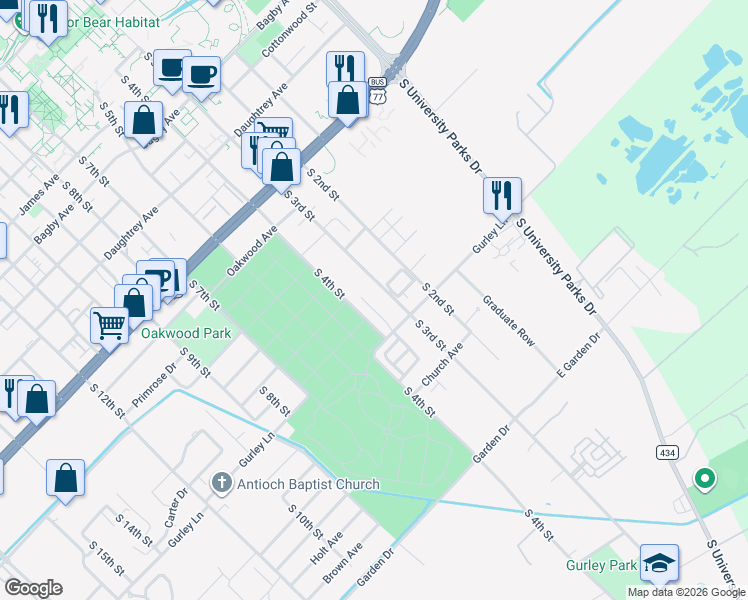 map of restaurants, bars, coffee shops, grocery stores, and more near 2515 Pascal Court in Waco