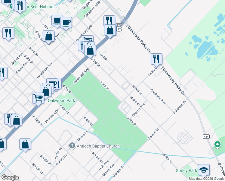 map of restaurants, bars, coffee shops, grocery stores, and more near 2515 Pascal Court in Waco