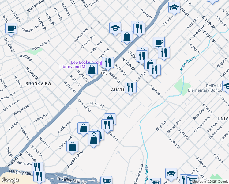 map of restaurants, bars, coffee shops, grocery stores, and more near 2900 Washington Avenue in Waco