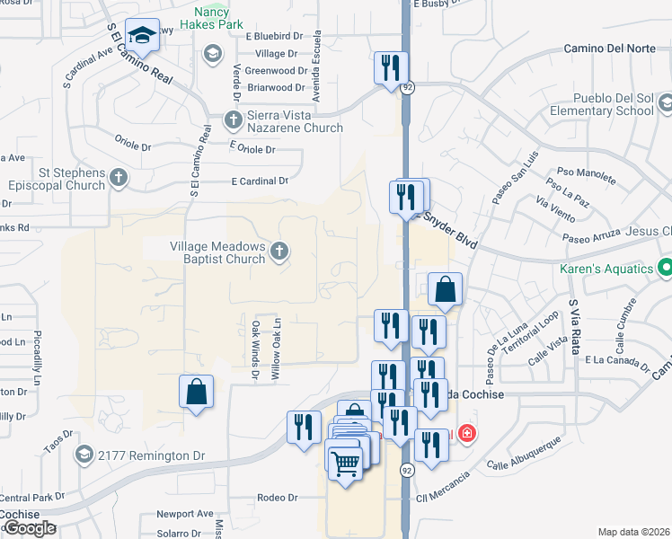 map of restaurants, bars, coffee shops, grocery stores, and more near 1690 South Wardle Road in Sierra Vista