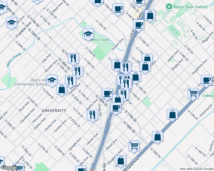 map of restaurants, bars, coffee shops, grocery stores, and more near 1625 Baylor Avenue in Waco