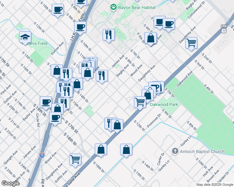 map of restaurants, bars, coffee shops, grocery stores, and more near 1911 South 11th Street in Waco