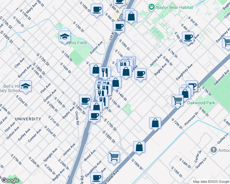 map of restaurants, bars, coffee shops, grocery stores, and more near 1400 Speight Avenue in Waco