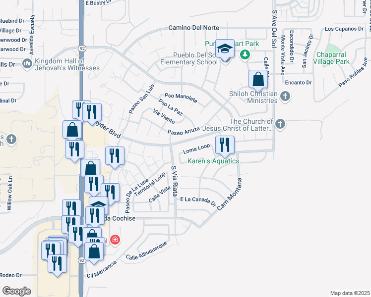 map of restaurants, bars, coffee shops, grocery stores, and more near 4885 Loma Loop in Sierra Vista