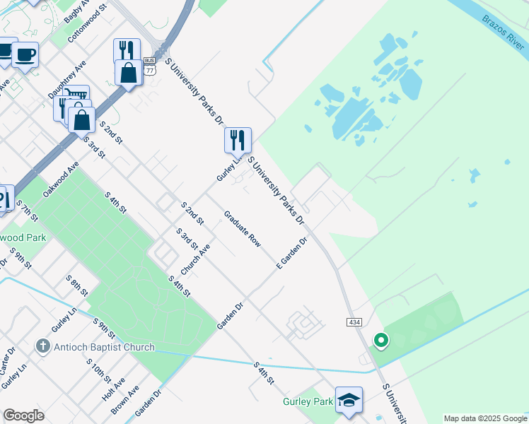 map of restaurants, bars, coffee shops, grocery stores, and more near 2825 South University Parks Drive in Waco