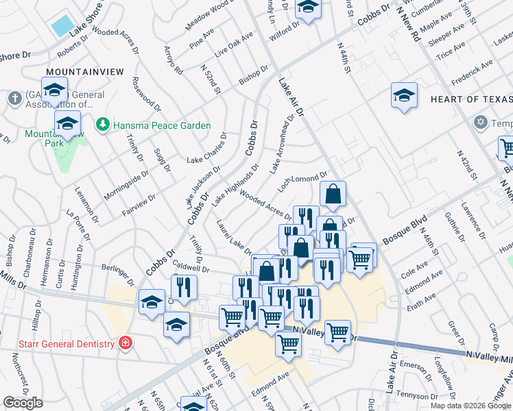 map of restaurants, bars, coffee shops, grocery stores, and more near 5319 Lake Crest Drive in Waco