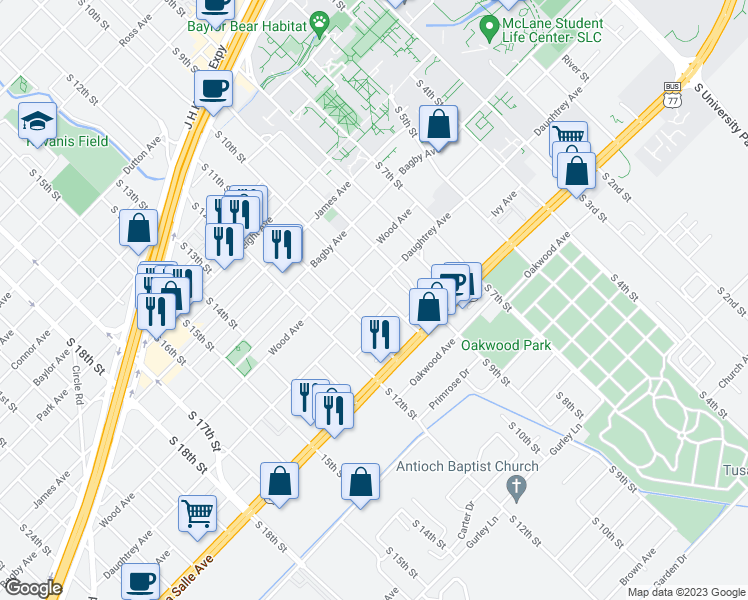 map of restaurants, bars, coffee shops, grocery stores, and more near 2017 South 10th Street in Waco