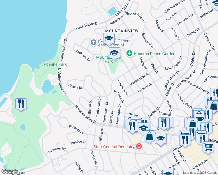 map of restaurants, bars, coffee shops, grocery stores, and more near 6207 Bishop Drive in Waco