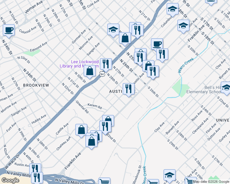 map of restaurants, bars, coffee shops, grocery stores, and more near 2824 Washington Avenue in Waco