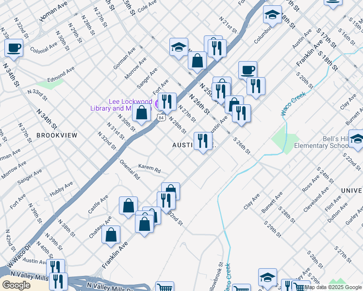 map of restaurants, bars, coffee shops, grocery stores, and more near 2828 Washington Avenue in Waco