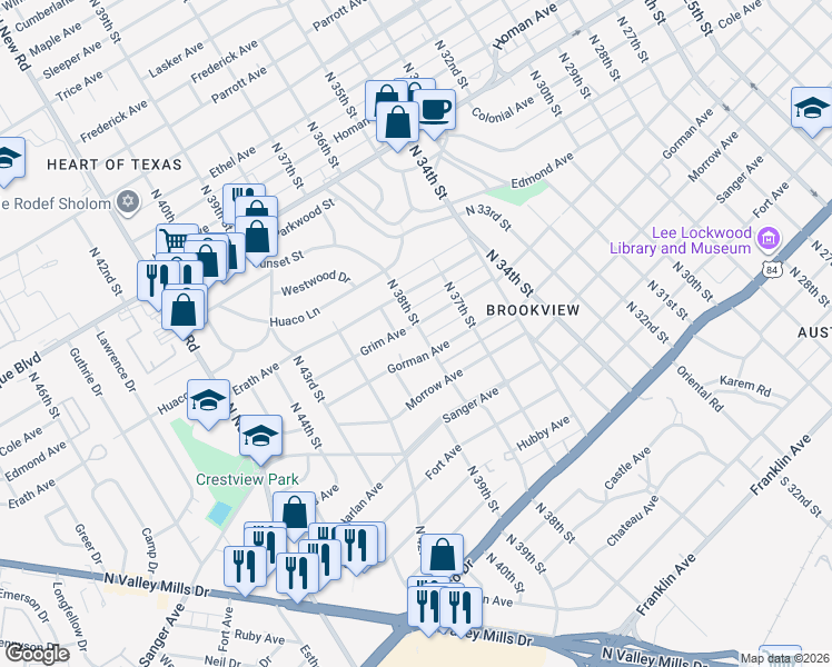 map of restaurants, bars, coffee shops, grocery stores, and more near 3800 Grim Avenue in Waco