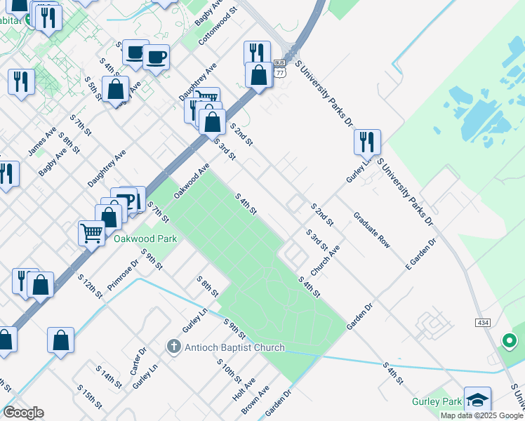 map of restaurants, bars, coffee shops, grocery stores, and more near 2515 Pascal Court in Waco