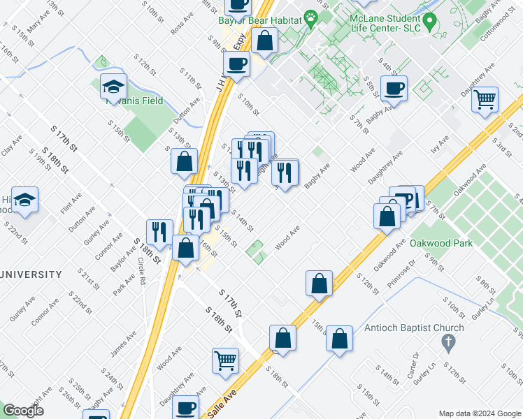 map of restaurants, bars, coffee shops, grocery stores, and more near 1314 James Avenue in Waco