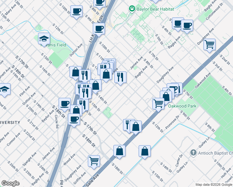 map of restaurants, bars, coffee shops, grocery stores, and more near 1226 Bagby Avenue in Waco