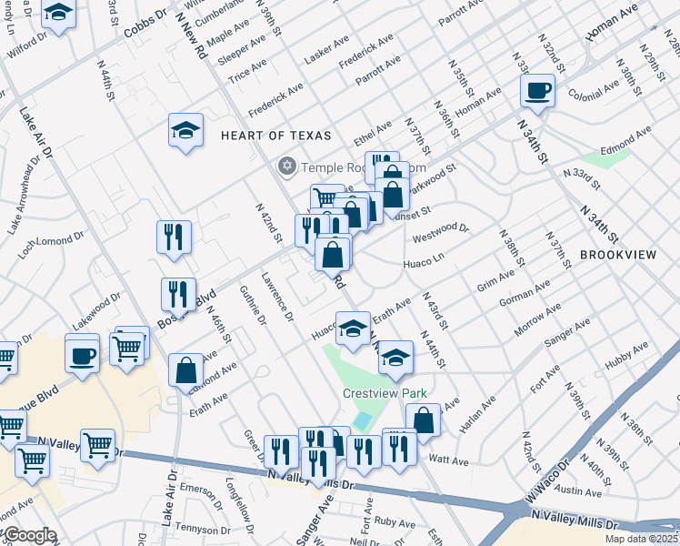 map of restaurants, bars, coffee shops, grocery stores, and more near 1304 North New Road in Waco