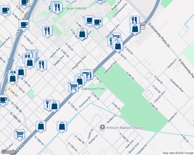 map of restaurants, bars, coffee shops, grocery stores, and more near 712 Oakwood Avenue in Waco