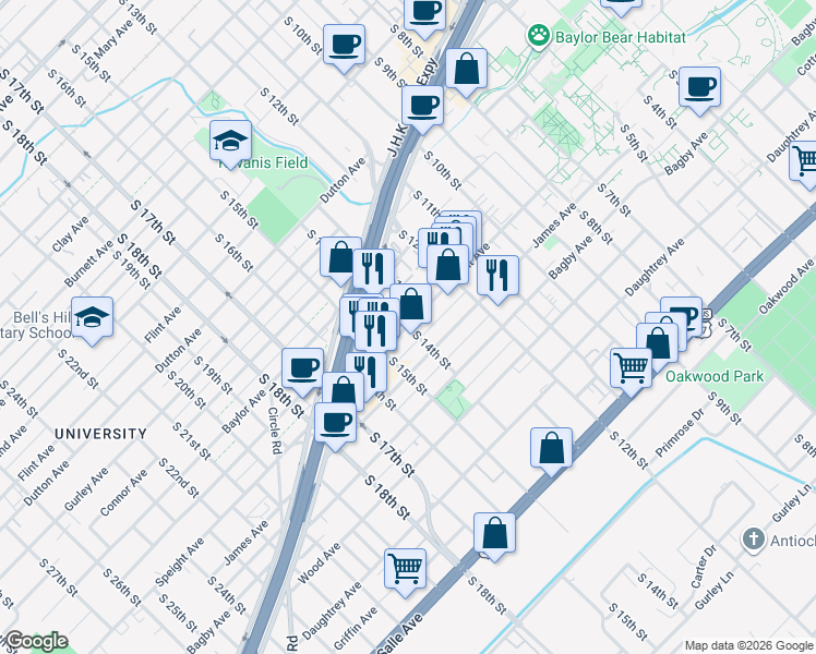 map of restaurants, bars, coffee shops, grocery stores, and more near 1303 Speight Avenue in Waco