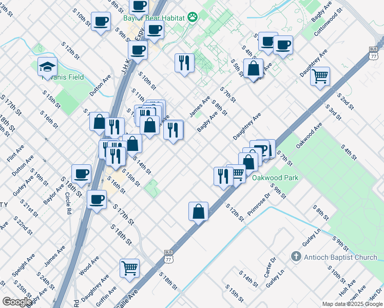 map of restaurants, bars, coffee shops, grocery stores, and more near 1727 South 11th Street in Waco