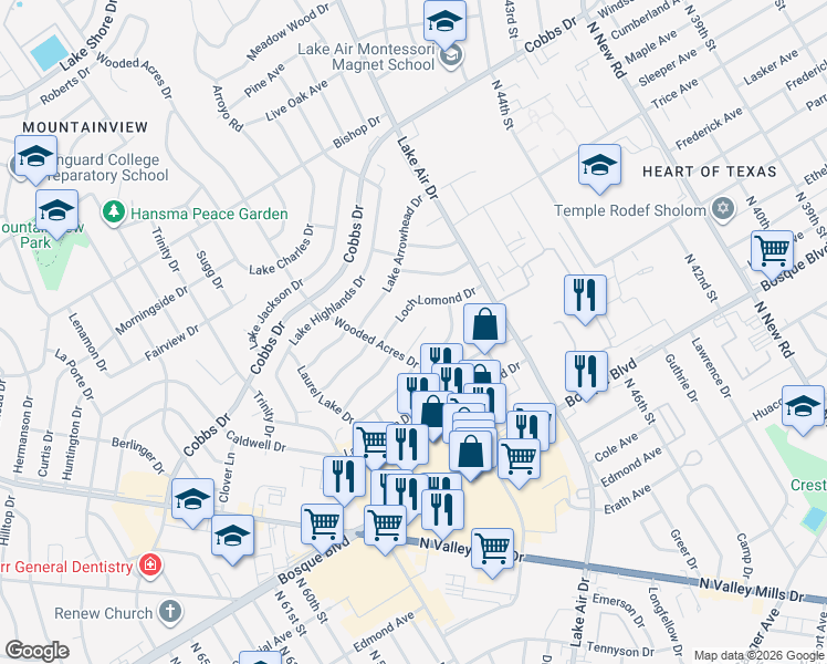 map of restaurants, bars, coffee shops, grocery stores, and more near 5006 Loch Lomond Drive in Waco