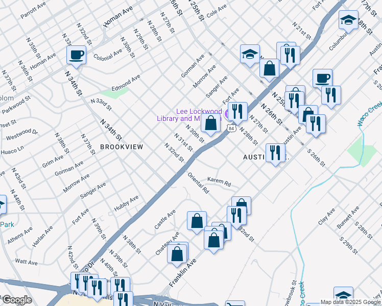 map of restaurants, bars, coffee shops, grocery stores, and more near 517 North 31st Street in Waco