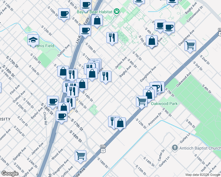 map of restaurants, bars, coffee shops, grocery stores, and more near 1118 Bagby Avenue in Waco