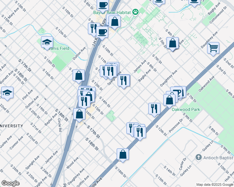 map of restaurants, bars, coffee shops, grocery stores, and more near 1712 South 12th Street in Waco