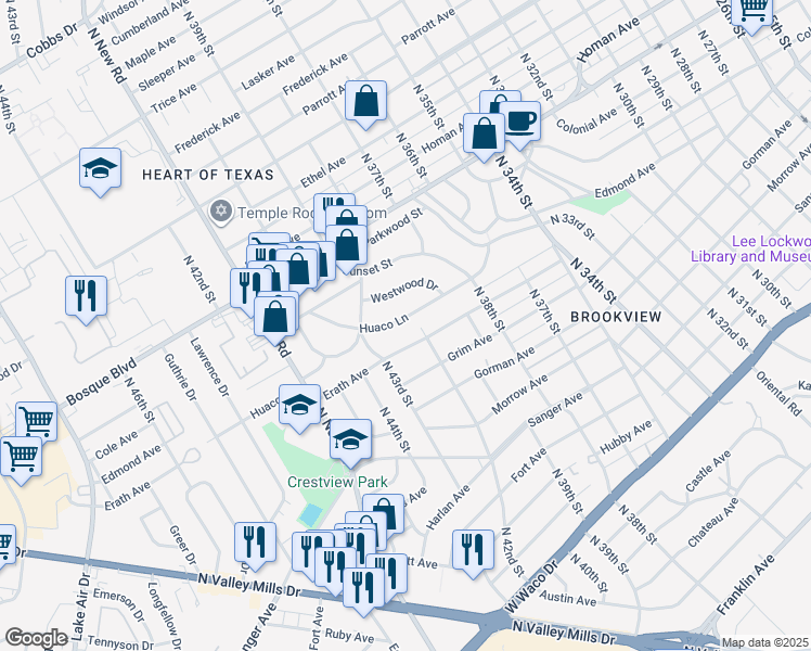 map of restaurants, bars, coffee shops, grocery stores, and more near 3908 Huaco Lane in Waco