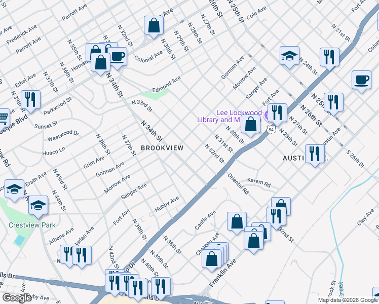 map of restaurants, bars, coffee shops, grocery stores, and more near 3304 Morrow Avenue in Waco