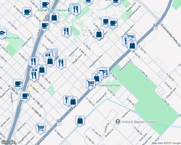map of restaurants, bars, coffee shops, grocery stores, and more near 2019 South 9th Street in Waco